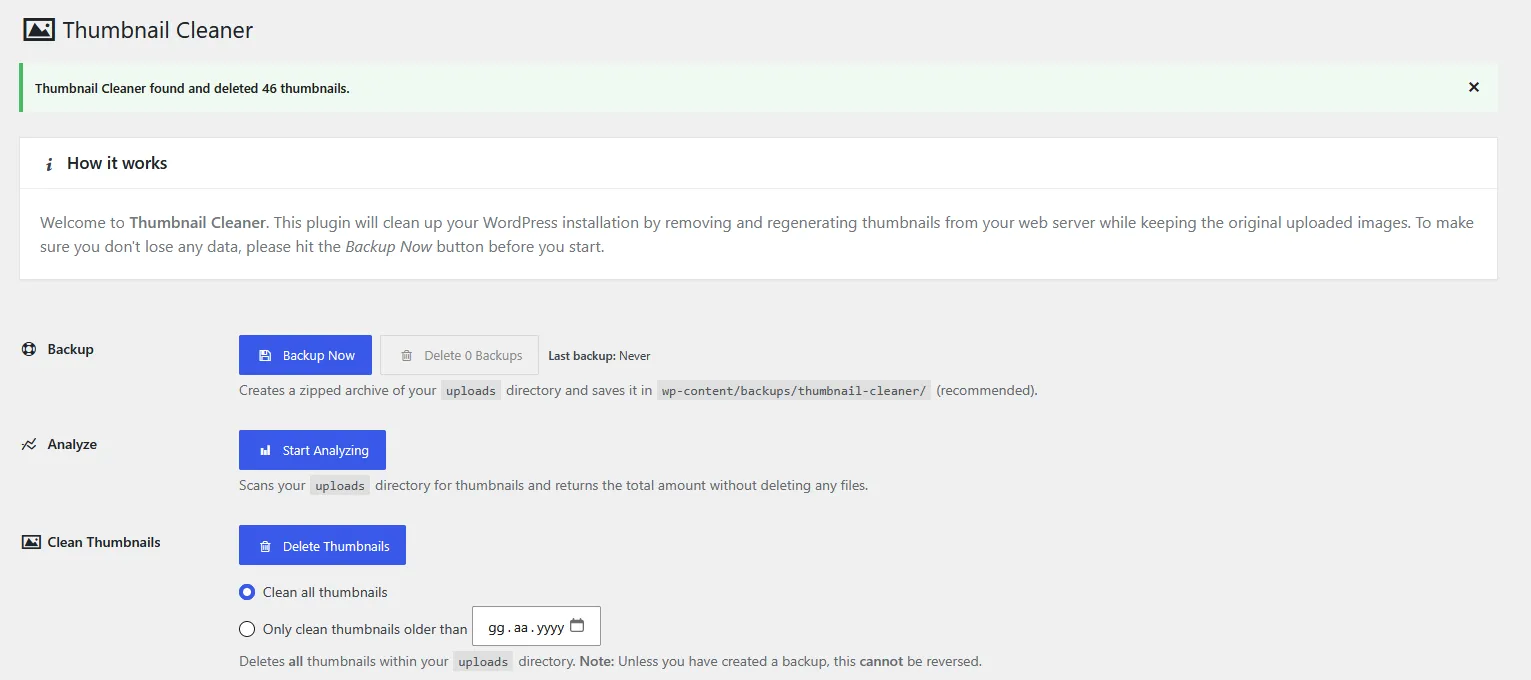 Thumbnail Cleaner WordPress (Windows) önizleme 2